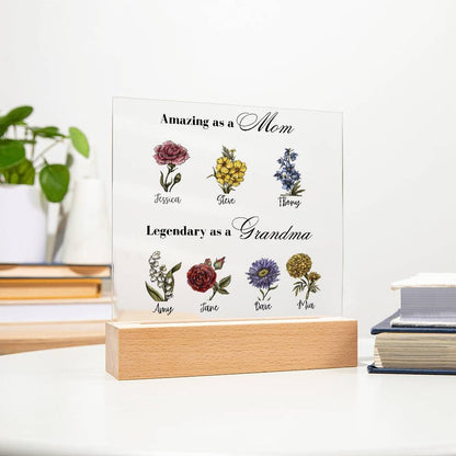 Personalized First Mom Now Grandma Acrylic Plaque, Grandchildren Birth Month Flowers Gift For Grandma Christmas Mothers Day Gift Birthday