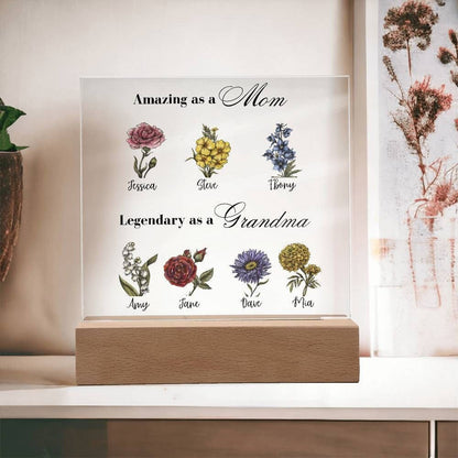 Personalized First Mom Now Grandma Acrylic Plaque, Grandchildren Birth Month Flowers Gift For Grandma Christmas Mothers Day Gift Birthday