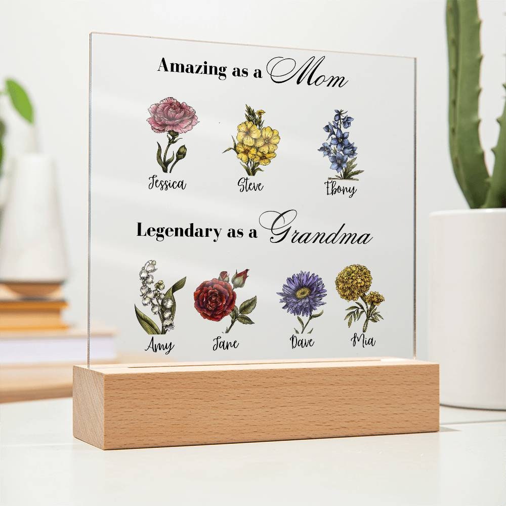 Personalized First Mom Now Grandma Acrylic Plaque, Grandchildren Birth Month Flowers Gift For Grandma Christmas Mothers Day Gift Birthday