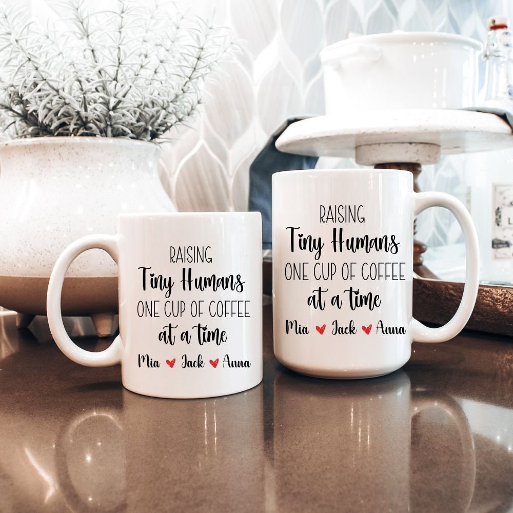 Raising Tiny Humans Funny Mug for Mom, Personalized Mom mug with Kids names, Funny New Mom mug, Gift for Homeschool mom Mothers day Birthday