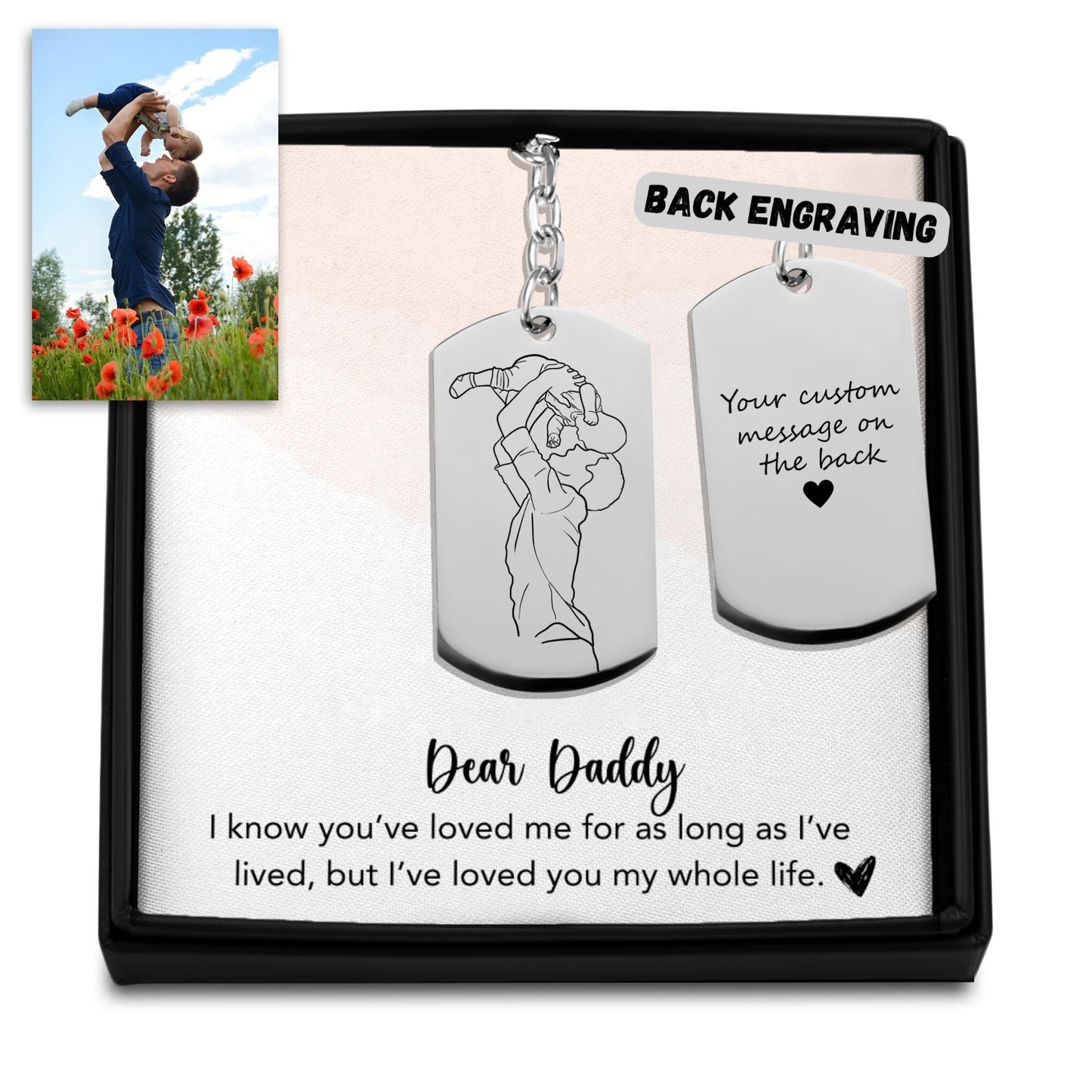 Personalized Dad and Daughter Line art portrait Engraved Keychain, Custom Portrait from Photo, Fathers day gift for Dad, Birthday, Christmas