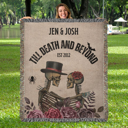 Custom Woven Throw, Halloween Skeletons Wedding Personalized Couple Blanket, Gothic Spooky Anniversary Gift, Till Death and Beyond Goth Rose