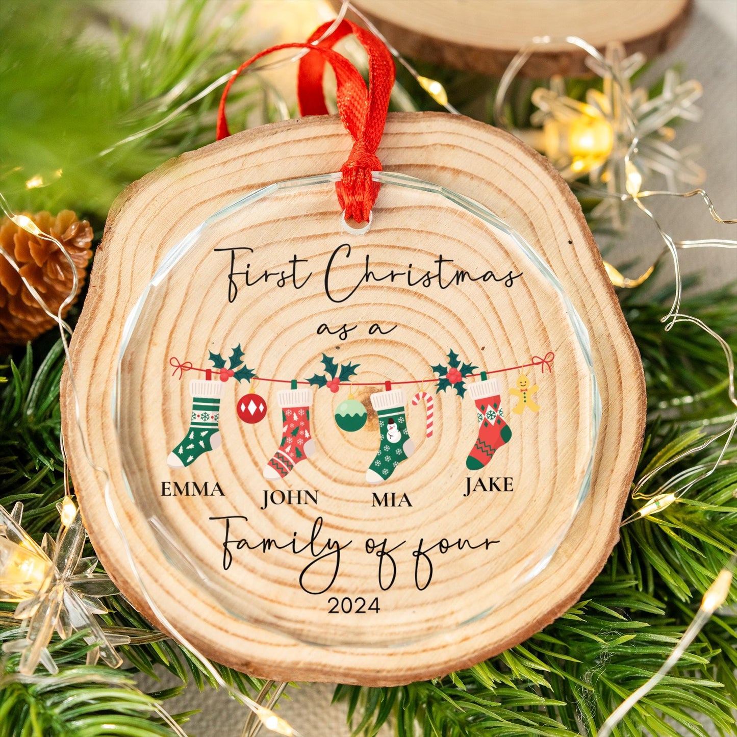 Family of Four Christmas Ornament, Family of 4, Family Ornament, Personalized First Christmas Glass Ornament Baby's First xmas gift keepsake