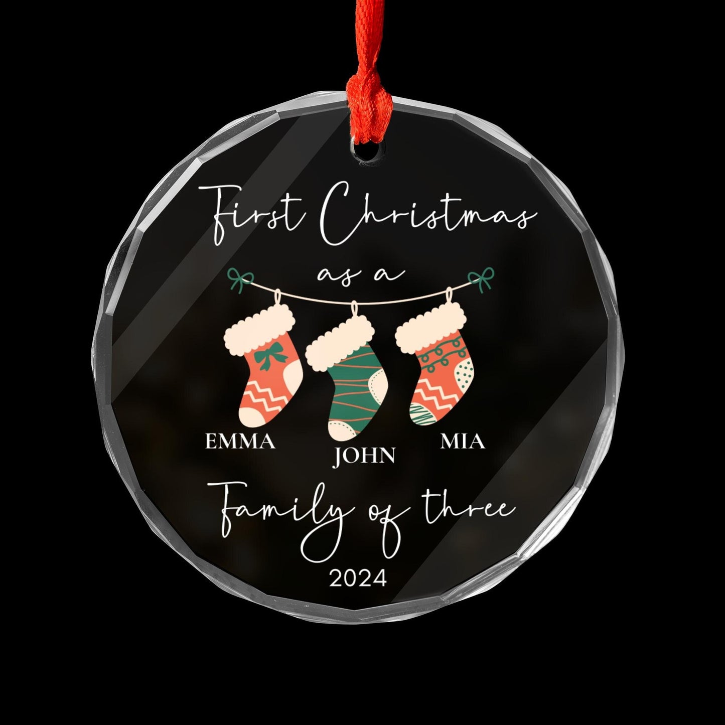 Family of Three Christmas Ornament Glass, Family of 3, Family Ornament, Personalized Baby's First Christmas Ornament with Custom baby name