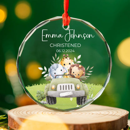 Personalized Christening Ornament Glass, Safari Jungle Animals Themed Christmas Gift, Baby's Christening Gift, Baptism Gift with baby's name