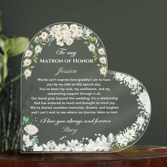 Personalized Matron of Honor Gift from Bride, Thank you Gift for Maid of Honor, Maid of Honor Acrylic Plaque, Custom Day of Wedding Gift MOH