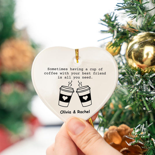 Coffee and Friendship Gift, Personalized Ornament Ceramic Heart, Gift for Best friend, Bestie Birthday gift, Christmas gifts coffee lovers