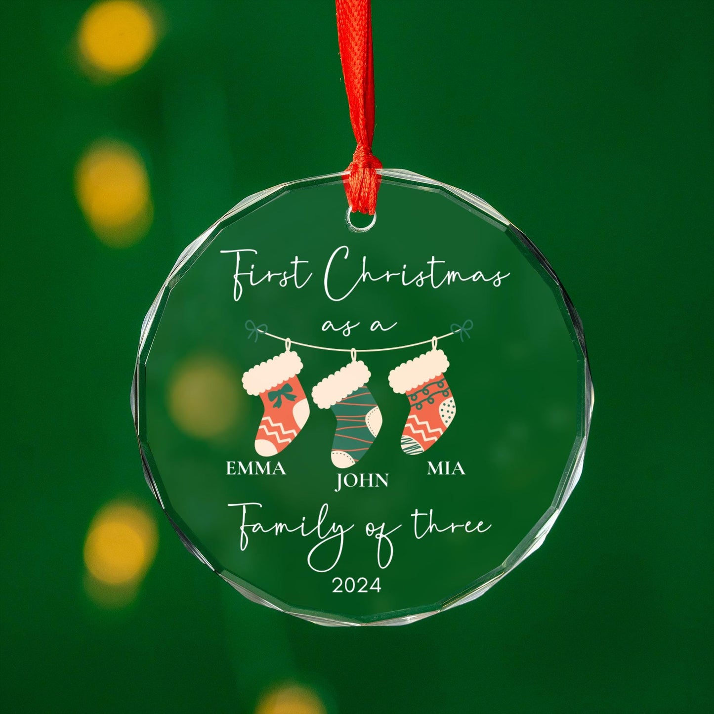 Family of Three Christmas Ornament Glass, Family of 3, Family Ornament, Personalized Baby's First Christmas Ornament with Custom baby name