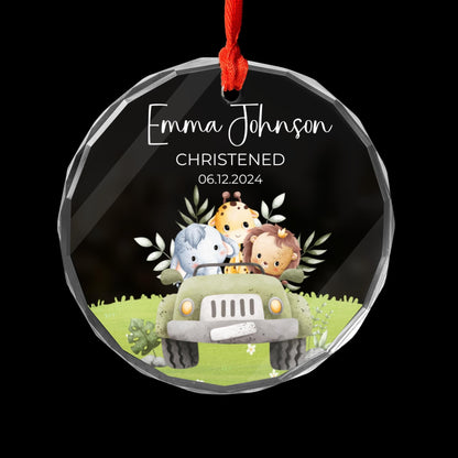 Personalized Christening Ornament Glass, Safari Jungle Animals Themed Christmas Gift, Baby's Christening Gift, Baptism Gift with baby's name