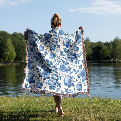 Blue Floral Blanket, Woven Throw Blanket, French Cottagecore Home decor, Boho Housewarming gift, Christmas gift, Cozy French Blue Blanket